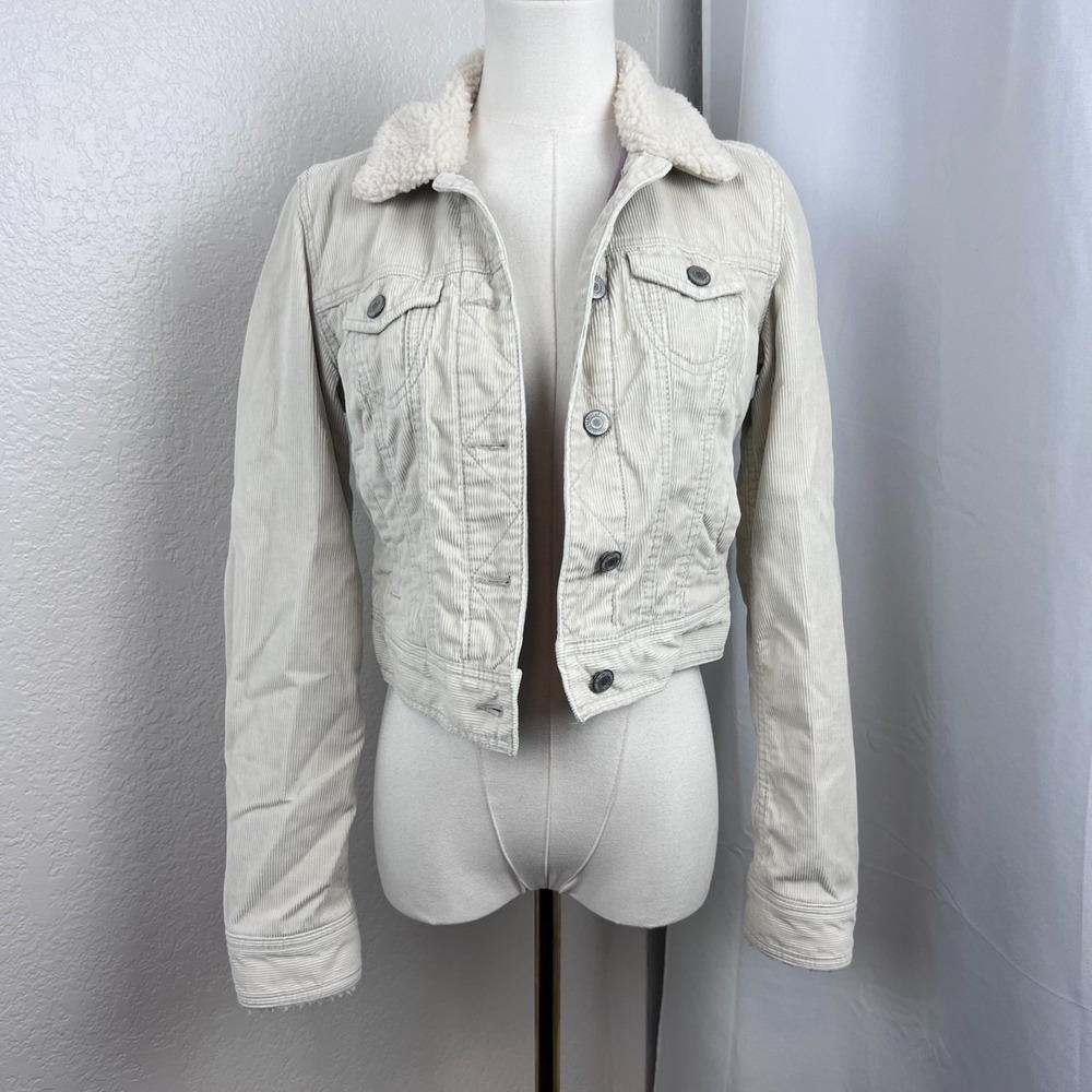 Y2K American Eagle Jacket Womens‎ XS Cropped Corduroy Faux Fur Collar Cozy